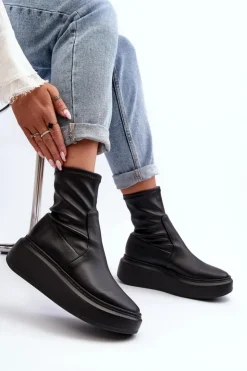 Damskie Zazoo 3395 Skórzane Botki Damskie Na Masywnej Platformie Czarne