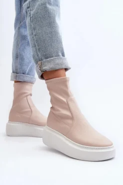 Zazoo Botki Wiosenne|Botki Skórzane*3395 Skórzane Botki Damskie Na Masywnej Platformie Beżowe