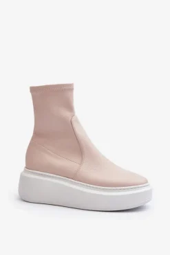 Zazoo Botki Wiosenne|Botki Skórzane*3395 Skórzane Botki Damskie Na Masywnej Platformie Beżowe