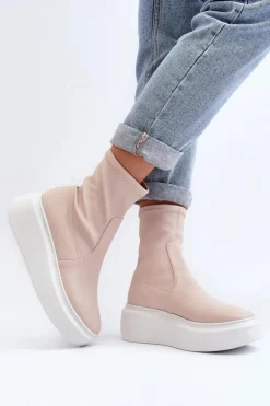 Zazoo Botki Wiosenne|Botki Skórzane*3395 Skórzane Botki Damskie Na Masywnej Platformie Beżowe