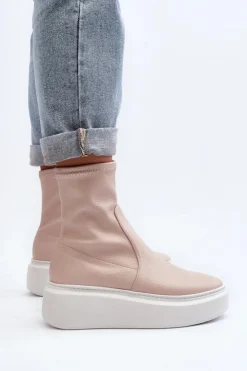 Zazoo Botki Wiosenne|Botki Skórzane*3395 Skórzane Botki Damskie Na Masywnej Platformie Beżowe