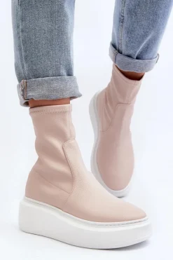 Zazoo Botki Wiosenne|Botki Skórzane*3395 Skórzane Botki Damskie Na Masywnej Platformie Beżowe