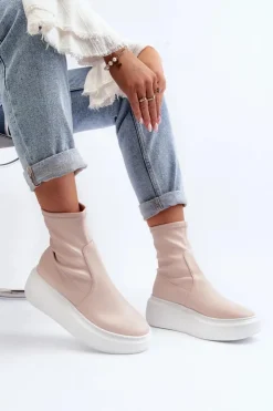 Zazoo Botki Wiosenne|Botki Skórzane*3395 Skórzane Botki Damskie Na Masywnej Platformie Beżowe