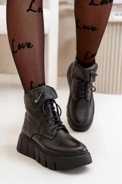 Online Zazoo 60511 Skórzane Botki Damskie Na Platformie Ocieplane Czarne