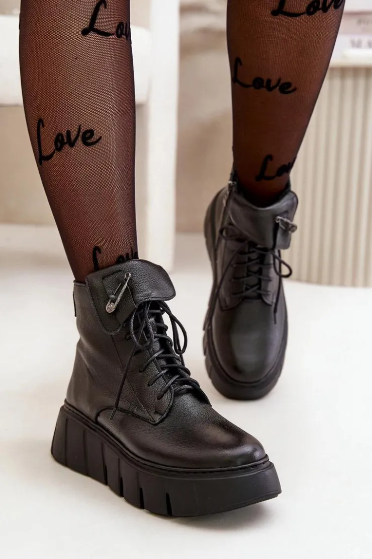 Online Zazoo 60511 Skórzane Botki Damskie Na Platformie Ocieplane Czarne