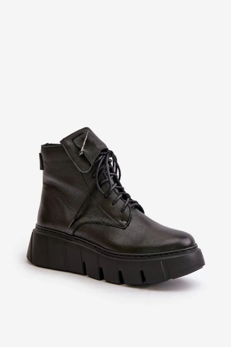 Online Zazoo 60511 Skórzane Botki Damskie Na Platformie Ocieplane Czarne