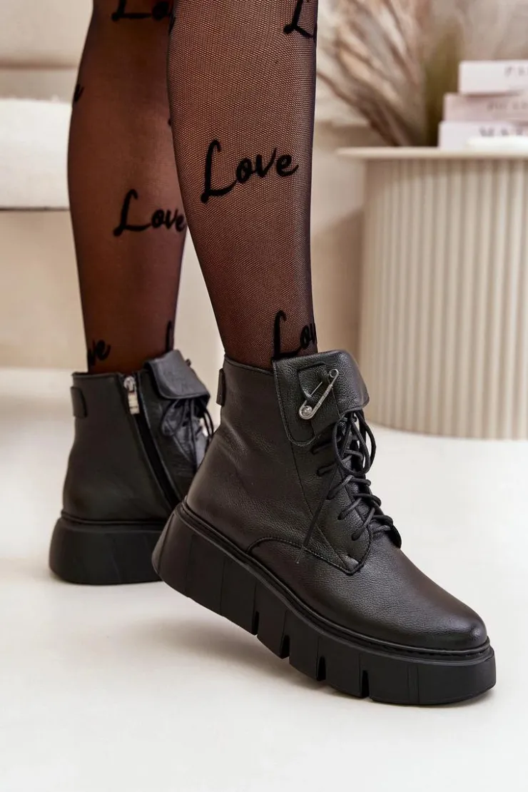 Online Zazoo 60511 Skórzane Botki Damskie Na Platformie Ocieplane Czarne