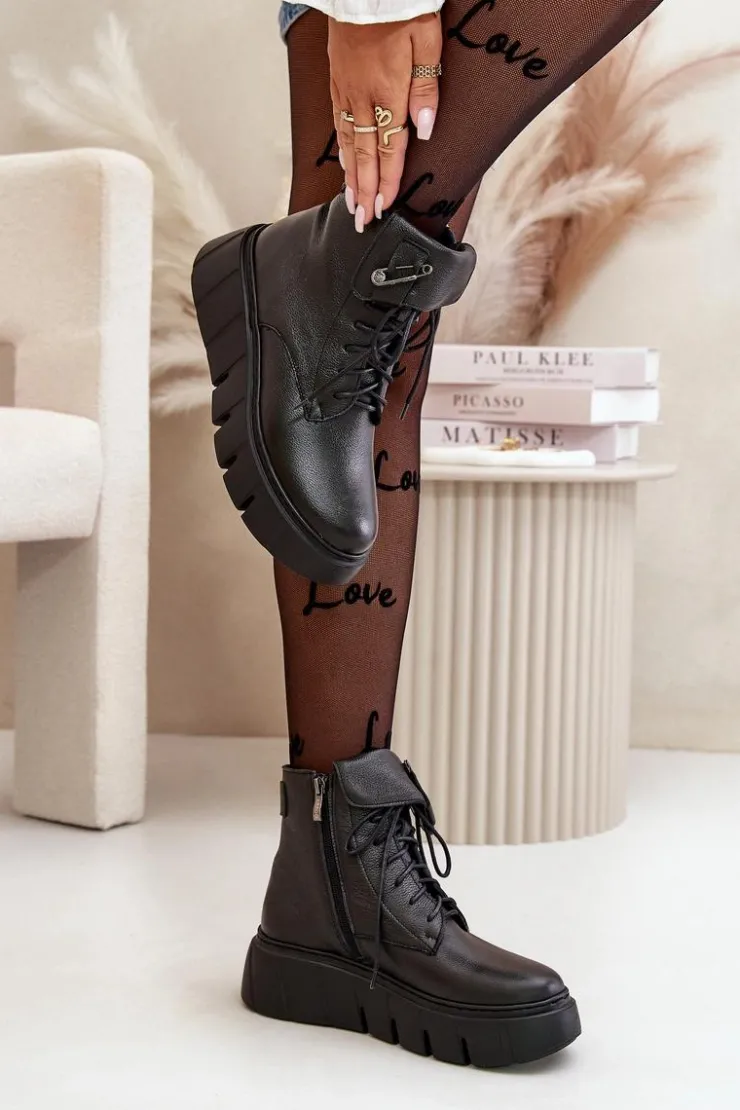 Online Zazoo 60511 Skórzane Botki Damskie Na Platformie Ocieplane Czarne