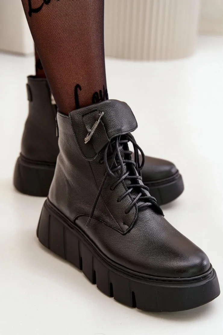 Online Zazoo 60511 Skórzane Botki Damskie Na Platformie Ocieplane Czarne