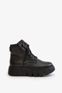 Online Zazoo 60511 Skórzane Botki Damskie Na Platformie Ocieplane Czarne