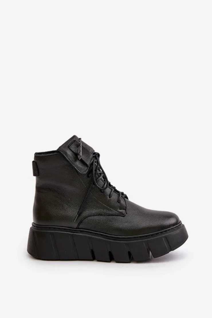 Online Zazoo 60511 Skórzane Botki Damskie Na Platformie Ocieplane Czarne