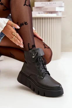 Online Zazoo 60511 Skórzane Botki Damskie Na Platformie Ocieplane Czarne