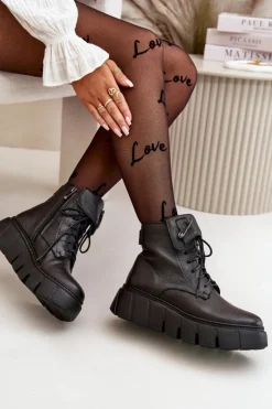 Online Zazoo 60511 Skórzane Botki Damskie Na Platformie Ocieplane Czarne