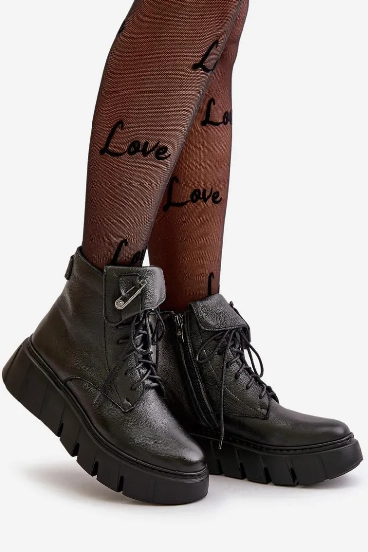 Online Zazoo 60511 Skórzane Botki Damskie Na Platformie Ocieplane Czarne