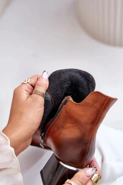 Zazoo 60504 Skórzane Botki Na Klocku Ocieplane Brązowe