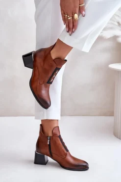 Zazoo 60504 Skórzane Botki Na Klocku Ocieplane Brązowe