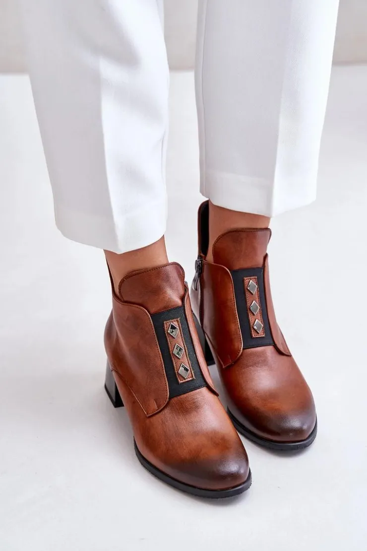 Zazoo 60504 Skórzane Botki Na Klocku Ocieplane Brązowe