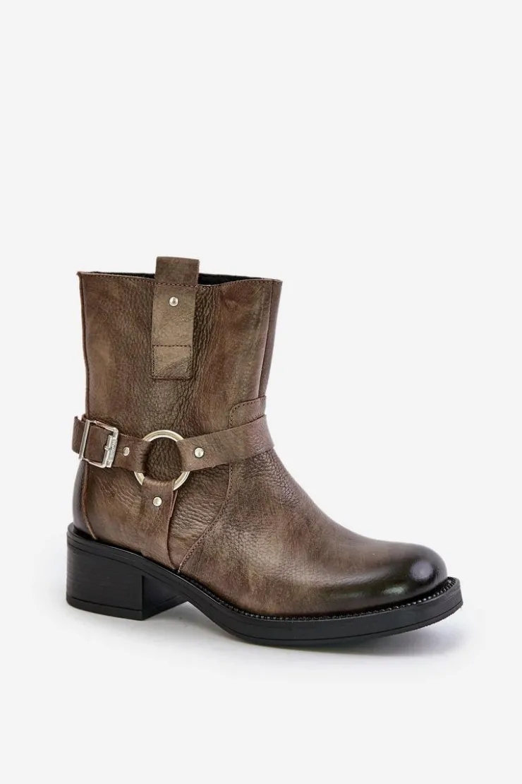 Damskie Zazoo 60480 Skórzane Botki Na Niskim Obcasie Ocieplane Brązowo-Szare