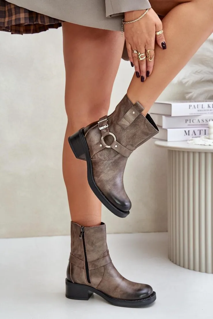 Damskie Zazoo 60480 Skórzane Botki Na Niskim Obcasie Ocieplane Brązowo-Szare