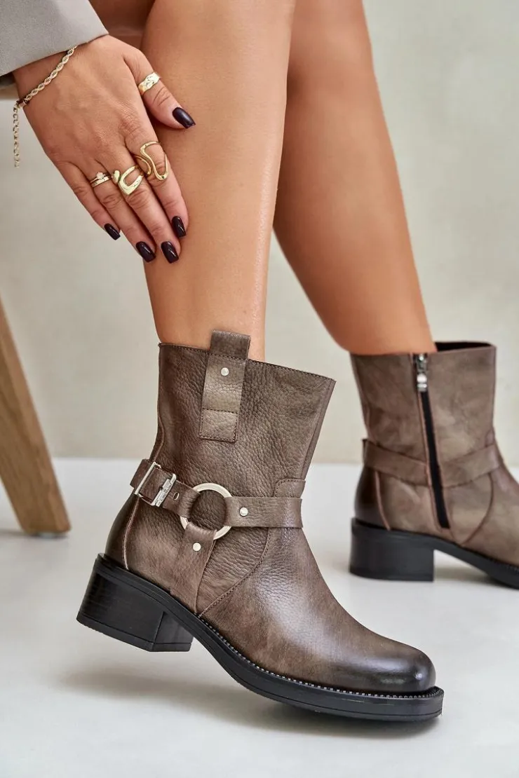 Damskie Zazoo 60480 Skórzane Botki Na Niskim Obcasie Ocieplane Brązowo-Szare