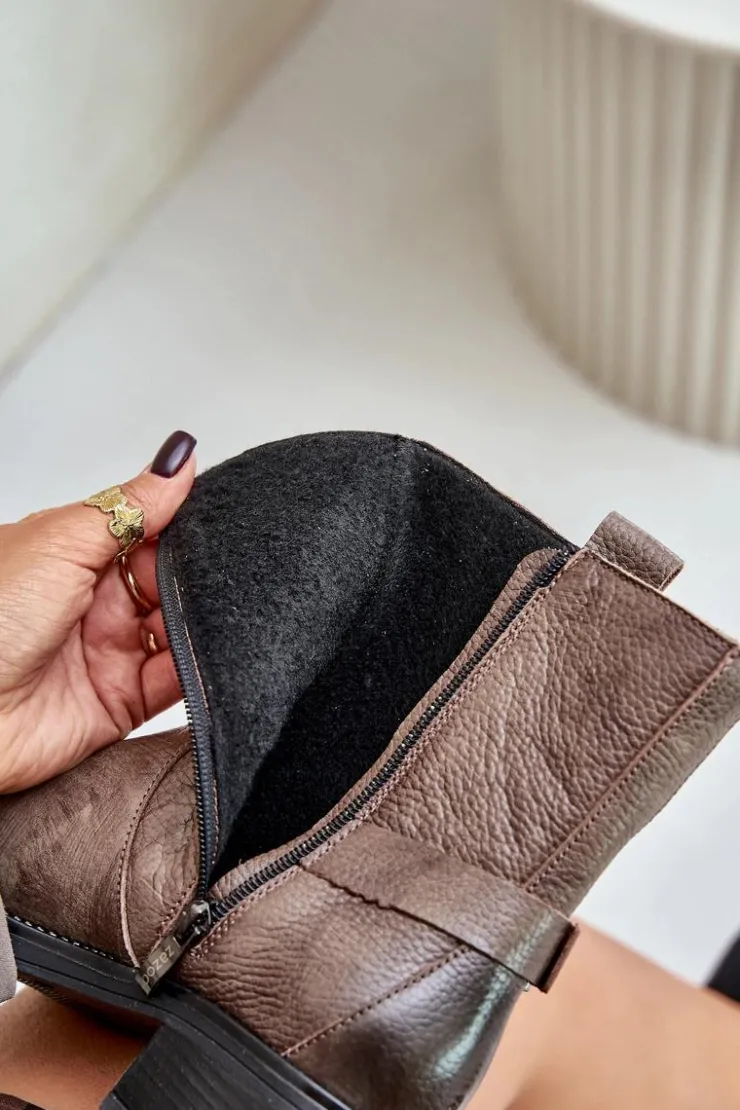 Damskie Zazoo 60480 Skórzane Botki Na Niskim Obcasie Ocieplane Brązowo-Szare