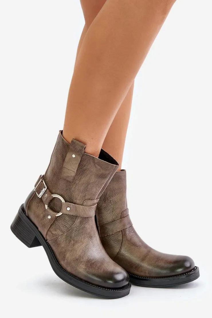 Damskie Zazoo 60480 Skórzane Botki Na Niskim Obcasie Ocieplane Brązowo-Szare