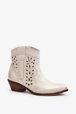 Online Zazoo 2870 Skórzane Botki Na Niskim Obcasie Ażurowe Srebrne Srebrny