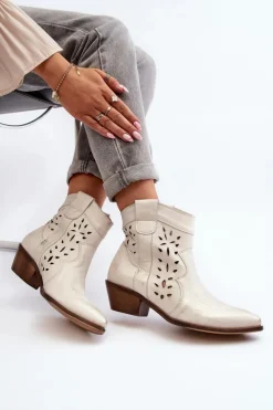 Online Zazoo 2870 Skórzane Botki Na Niskim Obcasie Ażurowe Srebrne Srebrny