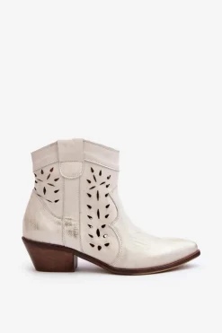 Online Zazoo 2870 Skórzane Botki Na Niskim Obcasie Ażurowe Srebrne Srebrny