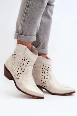 Online Zazoo 2870 Skórzane Botki Na Niskim Obcasie Ażurowe Srebrne Srebrny