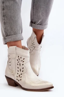 Online Zazoo 2870 Skórzane Botki Na Niskim Obcasie Ażurowe Srebrne Srebrny