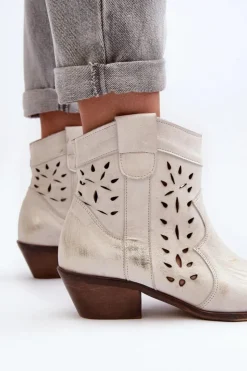 Online Zazoo 2870 Skórzane Botki Na Niskim Obcasie Ażurowe Srebrne Srebrny