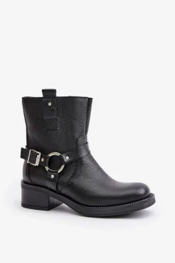 Discount Zazoo 60480 Skórzane Botki Na Niskim Obcasie Ocieplane Czarne Czarny