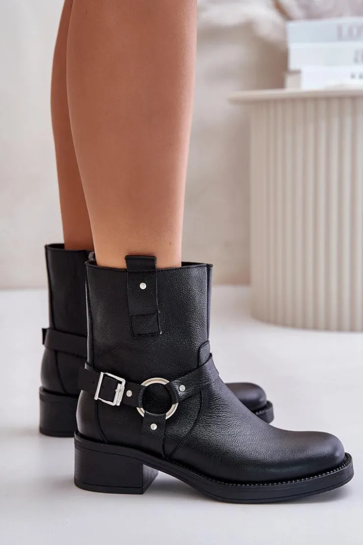 Discount Zazoo 60480 Skórzane Botki Na Niskim Obcasie Ocieplane Czarne Czarny