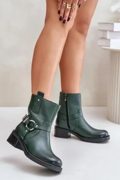 Zazoo Botki Ocieplane|Botki Na Obcasie*60480 Skórzane Botki Na Niskim Obcasie Ocieplane Ciemnozielone Zielony