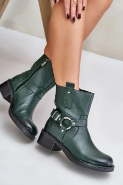 Zazoo Botki Ocieplane|Botki Na Obcasie*60480 Skórzane Botki Na Niskim Obcasie Ocieplane Ciemnozielone Zielony