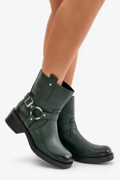 Zazoo Botki Ocieplane|Botki Na Obcasie*60480 Skórzane Botki Na Niskim Obcasie Ocieplane Ciemnozielone Zielony