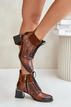 Clearance Zazoo 60503 Skórzane Botki Na Obcasie Ocieplane Brązowe Brązowy