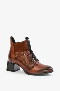 Clearance Zazoo 60503 Skórzane Botki Na Obcasie Ocieplane Brązowe Brązowy