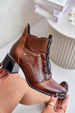 Clearance Zazoo 60503 Skórzane Botki Na Obcasie Ocieplane Brązowe Brązowy