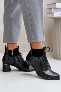 Zazoo Botki Wiosenne|Botki Ocieplane*60503 Skórzane Botki Na Obcasie Ocieplane Czarne Czarny