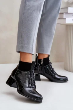 Zazoo Botki Wiosenne|Botki Ocieplane*60503 Skórzane Botki Na Obcasie Ocieplane Czarne Czarny