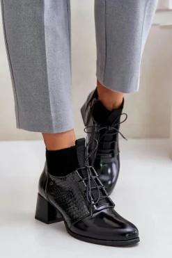 Zazoo Botki Wiosenne|Botki Ocieplane*60503 Skórzane Botki Na Obcasie Ocieplane Czarne Czarny