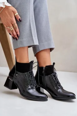 Zazoo Botki Wiosenne|Botki Ocieplane*60503 Skórzane Botki Na Obcasie Ocieplane Czarne Czarny