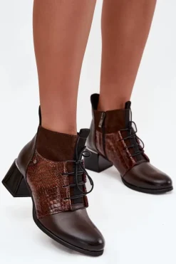 Outlet Zazoo 60503 Skórzane Botki Na Obcasie Ocieplane Czekoladowe Brązowy