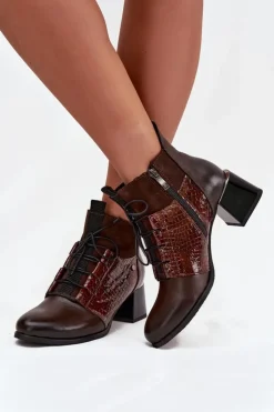 Outlet Zazoo 60503 Skórzane Botki Na Obcasie Ocieplane Czekoladowe Brązowy