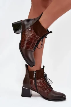 Outlet Zazoo 60503 Skórzane Botki Na Obcasie Ocieplane Czekoladowe Brązowy