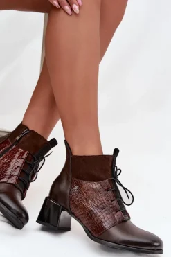 Outlet Zazoo 60503 Skórzane Botki Na Obcasie Ocieplane Czekoladowe Brązowy