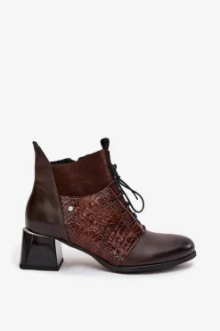 Outlet Zazoo 60503 Skórzane Botki Na Obcasie Ocieplane Czekoladowe Brązowy