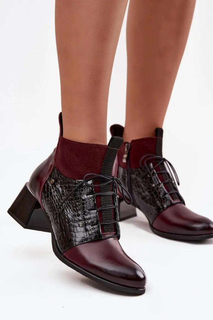 Damskie Zazoo 60503 Skórzane Botki Na Obcasie Ocieplane Bordowe